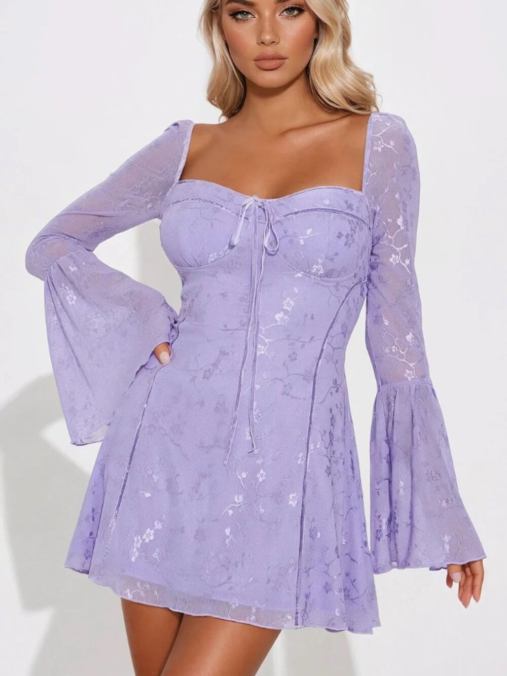FASHION NOVA Lavender Beautiful Chaos Floral Lace Mini Dress - Size Large Lilac